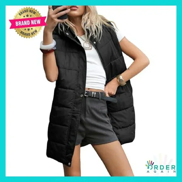 Long Hooded Puffer Vest Quilted Sleeveless Jacket Minimal Chic Winter Outerwear